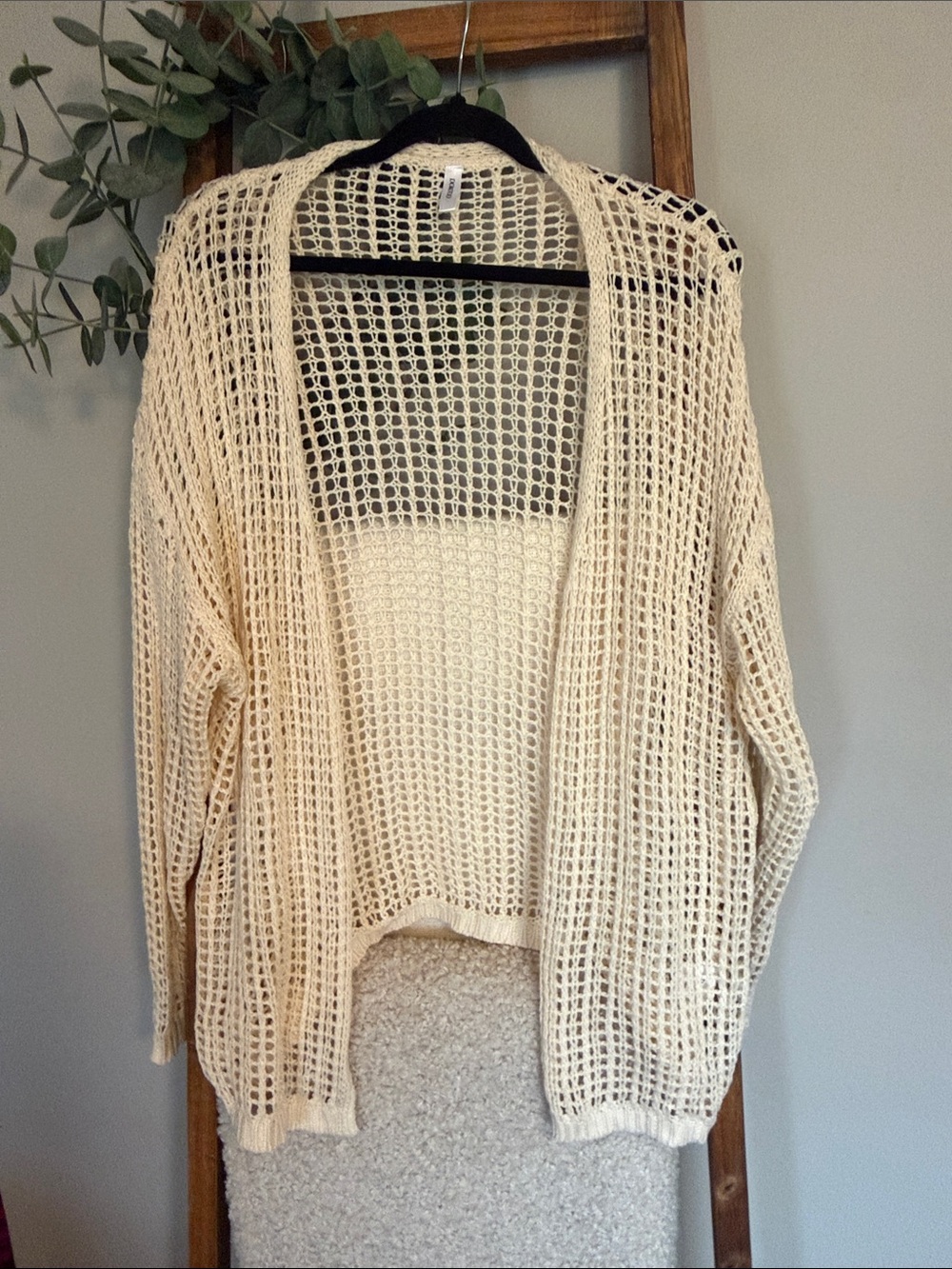 Open-Weave Cream Knit Cardigan Sweater